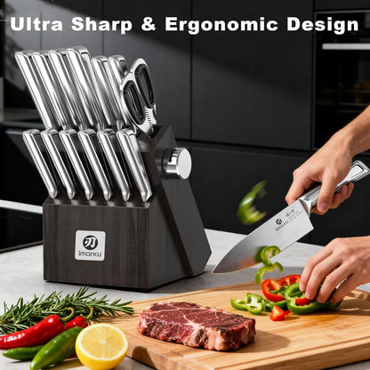 14 Pcs Knife Set with Block, Japanese High-Carbon Stainless Steel Kitchen Knife Set with Built-in Sharpener, Sharp Kitchen Knives, Dishwasher Safe, Non-Slip Handles, Gift for Men and Women