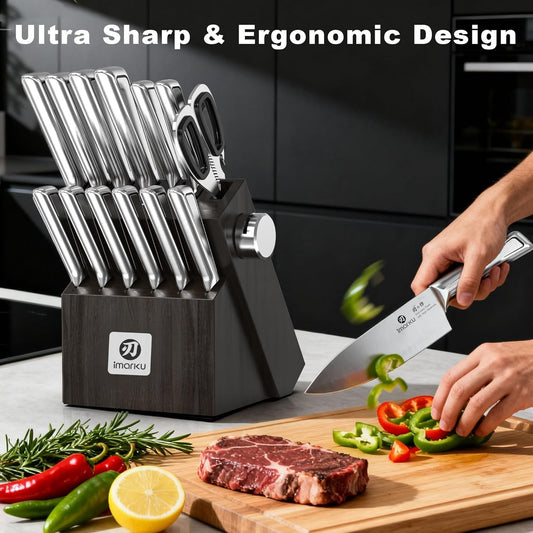 14 Pcs Knife Set with Block, Japanese High-Carbon Stainless Steel Kitchen Knife Set with Built-in Sharpener, Sharp Kitchen Knives, Dishwasher Safe, Non-Slip Handles, Gift for Men and Women
