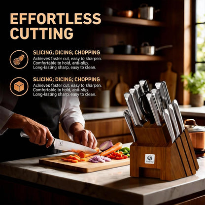 14 Pcs Knife Set with Block, Japanese High-Carbon Stainless Steel Kitchen Knife Set with Built-in Sharpener, Sharp Kitchen Knives, Dishwasher Safe, Non-Slip Handles, Gift for Men and Women
