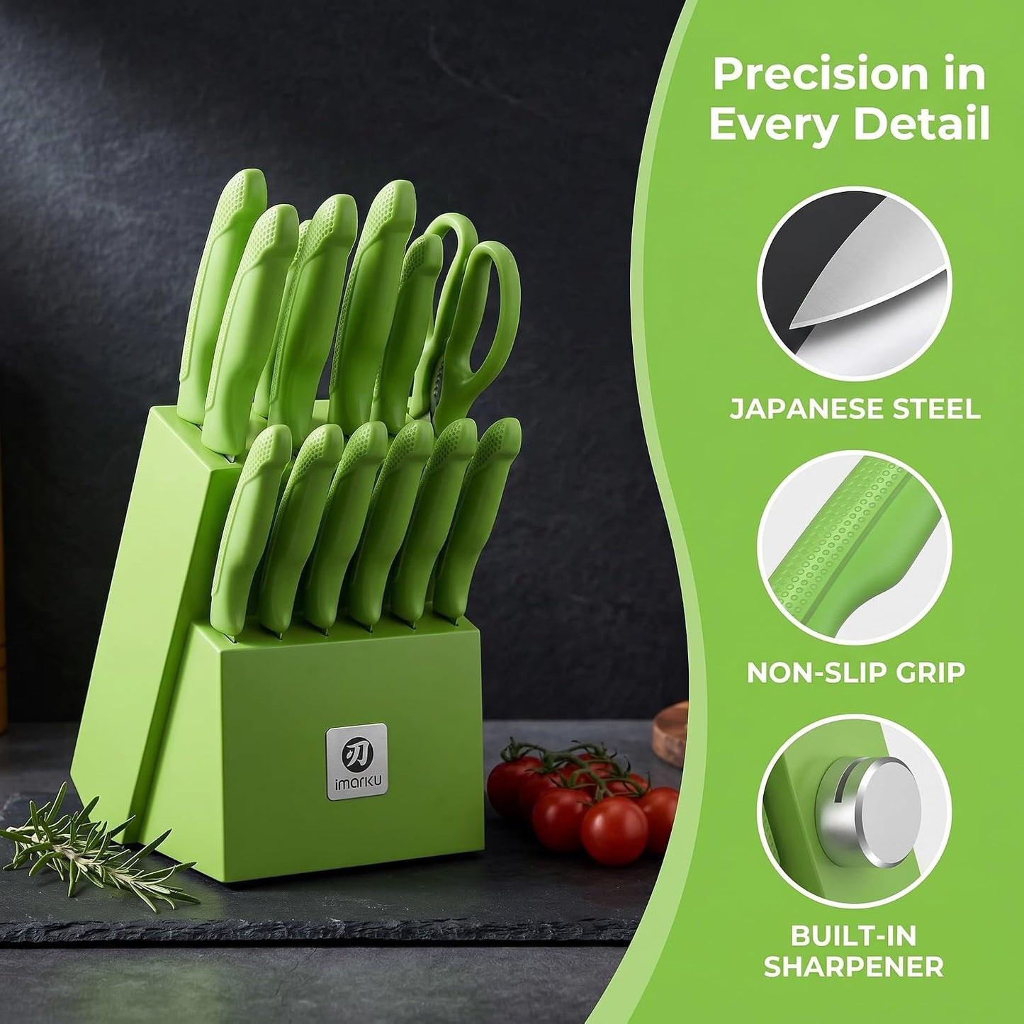 14 Pcs Knife Set with Block, Japanese High-Carbon Stainless Steel Kitchen Knife Set with Built-in Sharpener, Sharp Kitchen Knives, Dishwasher Safe, Non-Slip Handles, Gift for Men and Women