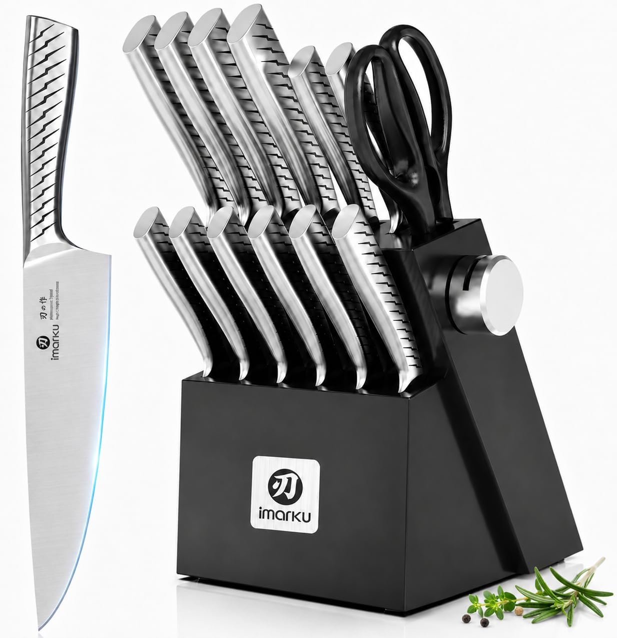 14 Pcs Knife Set with Block, Japanese High-Carbon Stainless Steel Kitchen Knife Set with Built-in Sharpener, Sharp Kitchen Knives, Dishwasher Safe, Non-Slip Handles, Gift for Men and Women