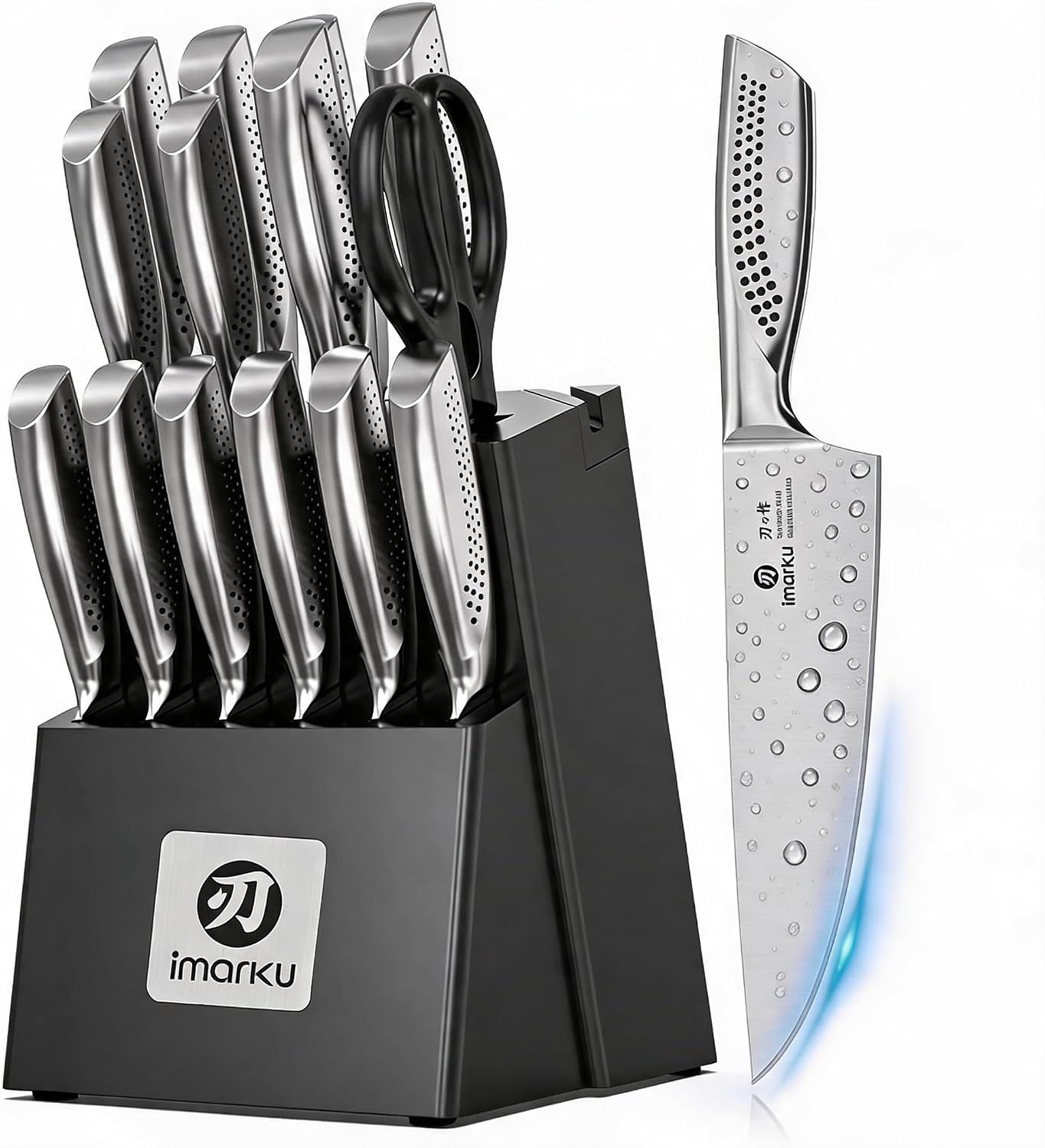 14 Pcs Knife Set with Block, Japanese High-Carbon Stainless Steel Kitchen Knife Set with Built-in Sharpener, Sharp Kitchen Knives, Dishwasher Safe, Non-Slip Handles, Gift for Men and Women