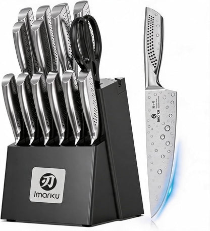 14 Pcs Knife Set with Block, Japanese High-Carbon Stainless Steel Kitchen Knife Set with Built-in Sharpener, Sharp Kitchen Knives, Dishwasher Safe, Non-Slip Handles, Gift for Men and Women