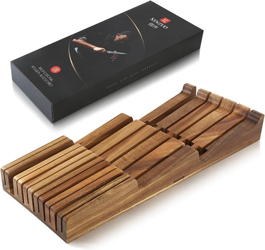 In-drawer Knife Block, Natural Acacia Knife Drawer Oganizer, Insert-Kitchen Storage Holder, 11 Slots, Holds up to 11 Various Size Knives, Countertop Saving&Knife Protective