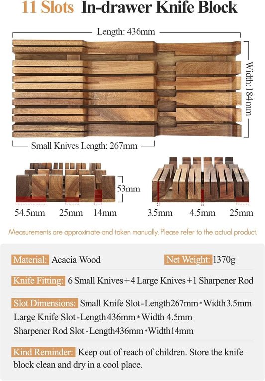 In-drawer Knife Block, Natural Acacia Knife Drawer Oganizer, Insert-Kitchen Storage Holder, 11 Slots, Holds up to 11 Various Size Knives, Countertop Saving&Knife Protective