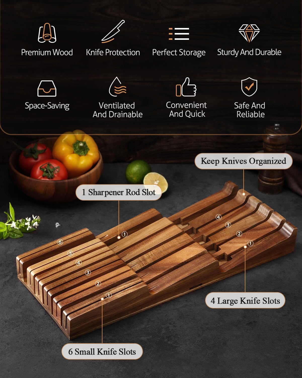 In-drawer Knife Block, Natural Acacia Knife Drawer Oganizer, Insert-Kitchen Storage Holder, 11 Slots, Holds up to 11 Various Size Knives, Countertop Saving&Knife Protective