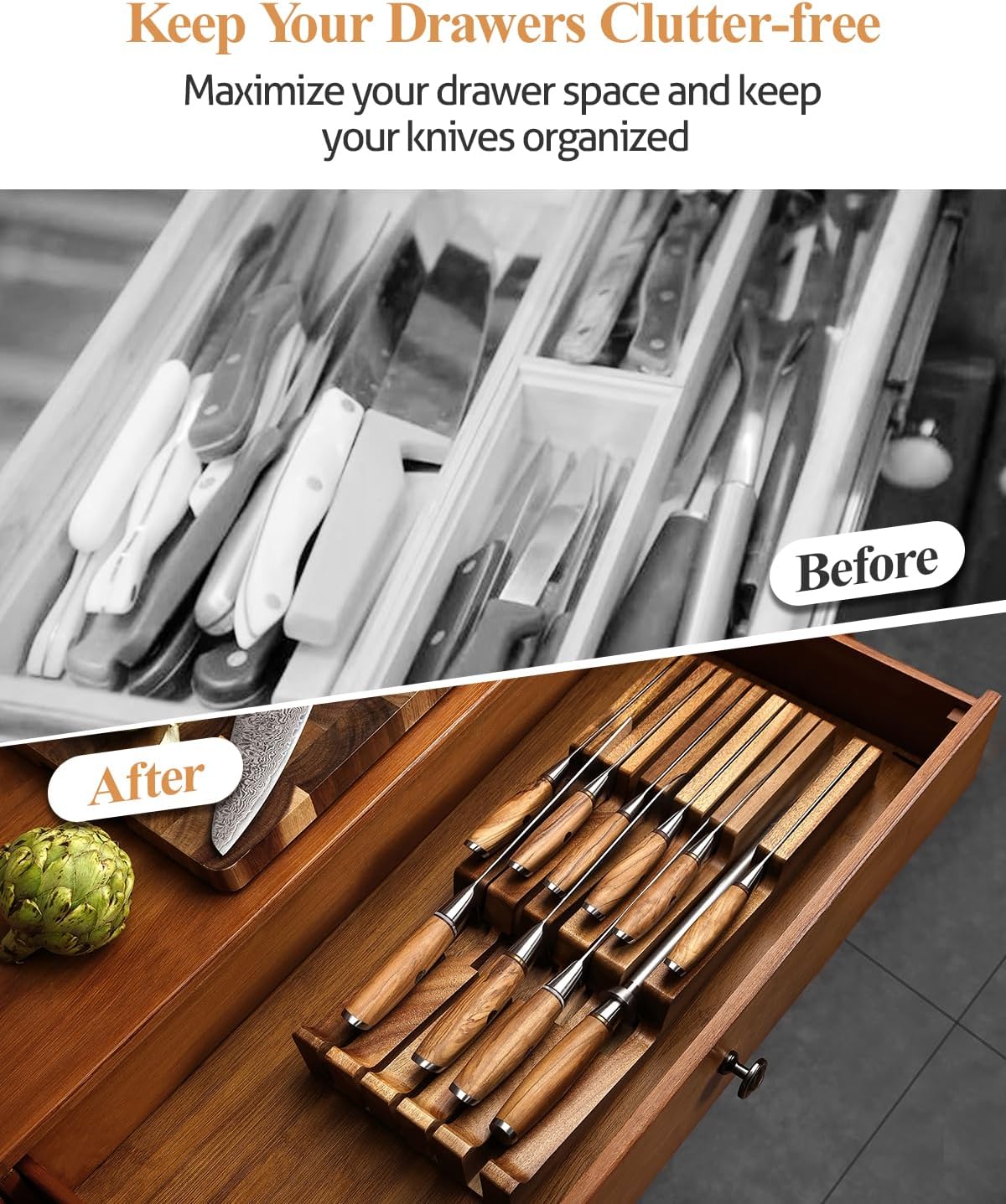 In-drawer Knife Block, Natural Acacia Knife Drawer Oganizer, Insert-Kitchen Storage Holder, 11 Slots, Holds up to 11 Various Size Knives, Countertop Saving&Knife Protective