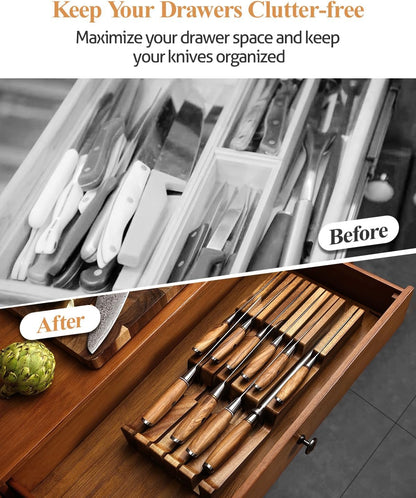In-drawer Knife Block, Natural Acacia Knife Drawer Oganizer, Insert-Kitchen Storage Holder, 11 Slots, Holds up to 11 Various Size Knives, Countertop Saving&Knife Protective