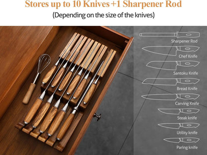 In-drawer Knife Block, Natural Acacia Knife Drawer Oganizer, Insert-Kitchen Storage Holder, 11 Slots, Holds up to 11 Various Size Knives, Countertop Saving&Knife Protective
