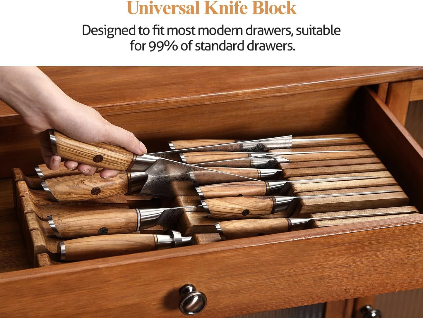 In-drawer Knife Block, Natural Acacia Knife Drawer Oganizer, Insert-Kitchen Storage Holder, 11 Slots, Holds up to 11 Various Size Knives, Countertop Saving&Knife Protective