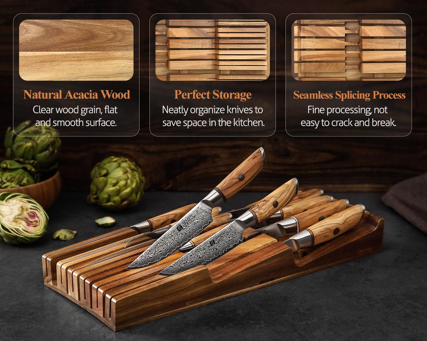In-drawer Knife Block, Natural Acacia Knife Drawer Oganizer, Insert-Kitchen Storage Holder, 11 Slots, Holds up to 11 Various Size Knives, Countertop Saving&Knife Protective