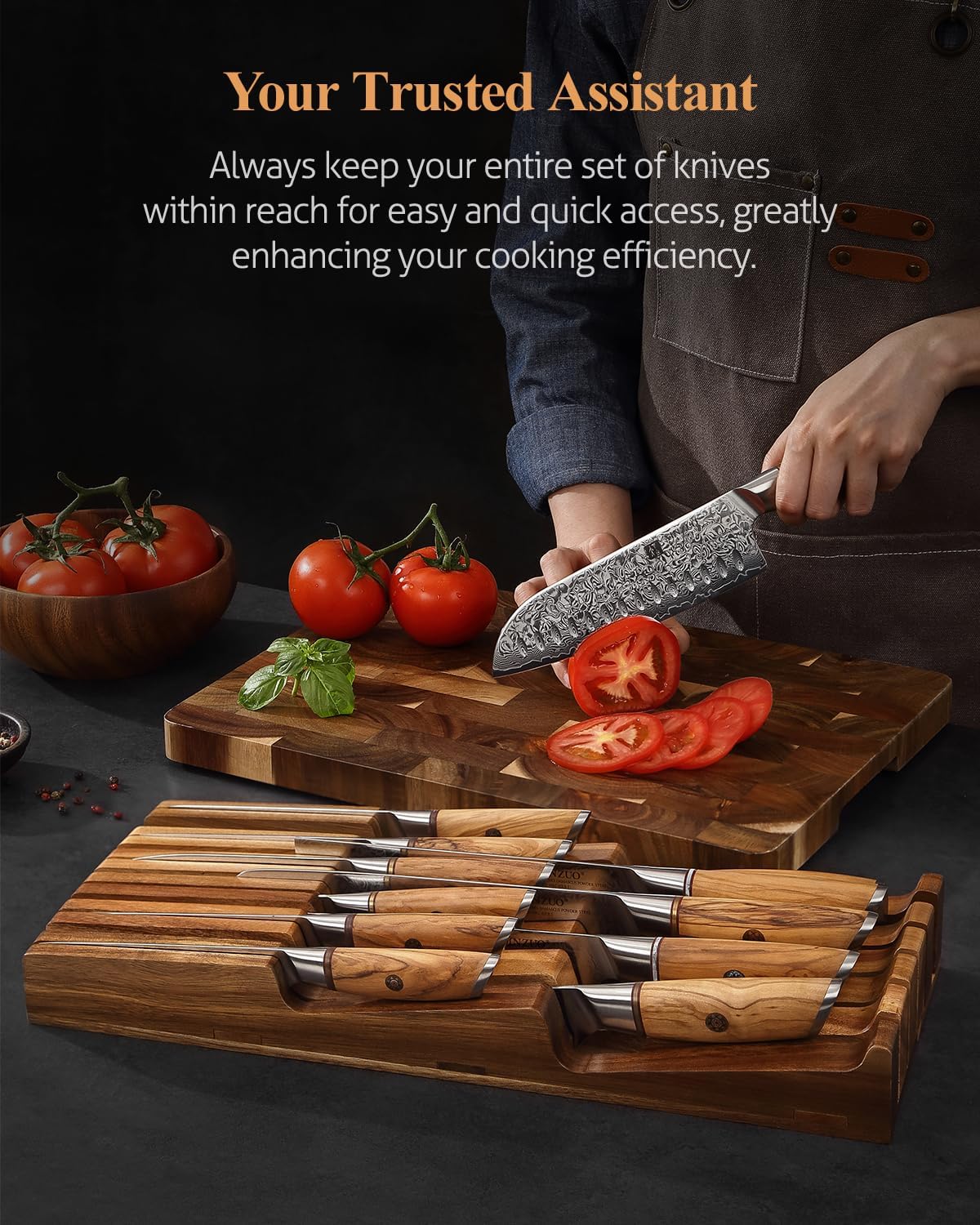 In-drawer Knife Block, Natural Acacia Knife Drawer Oganizer, Insert-Kitchen Storage Holder, 11 Slots, Holds up to 11 Various Size Knives, Countertop Saving&Knife Protective