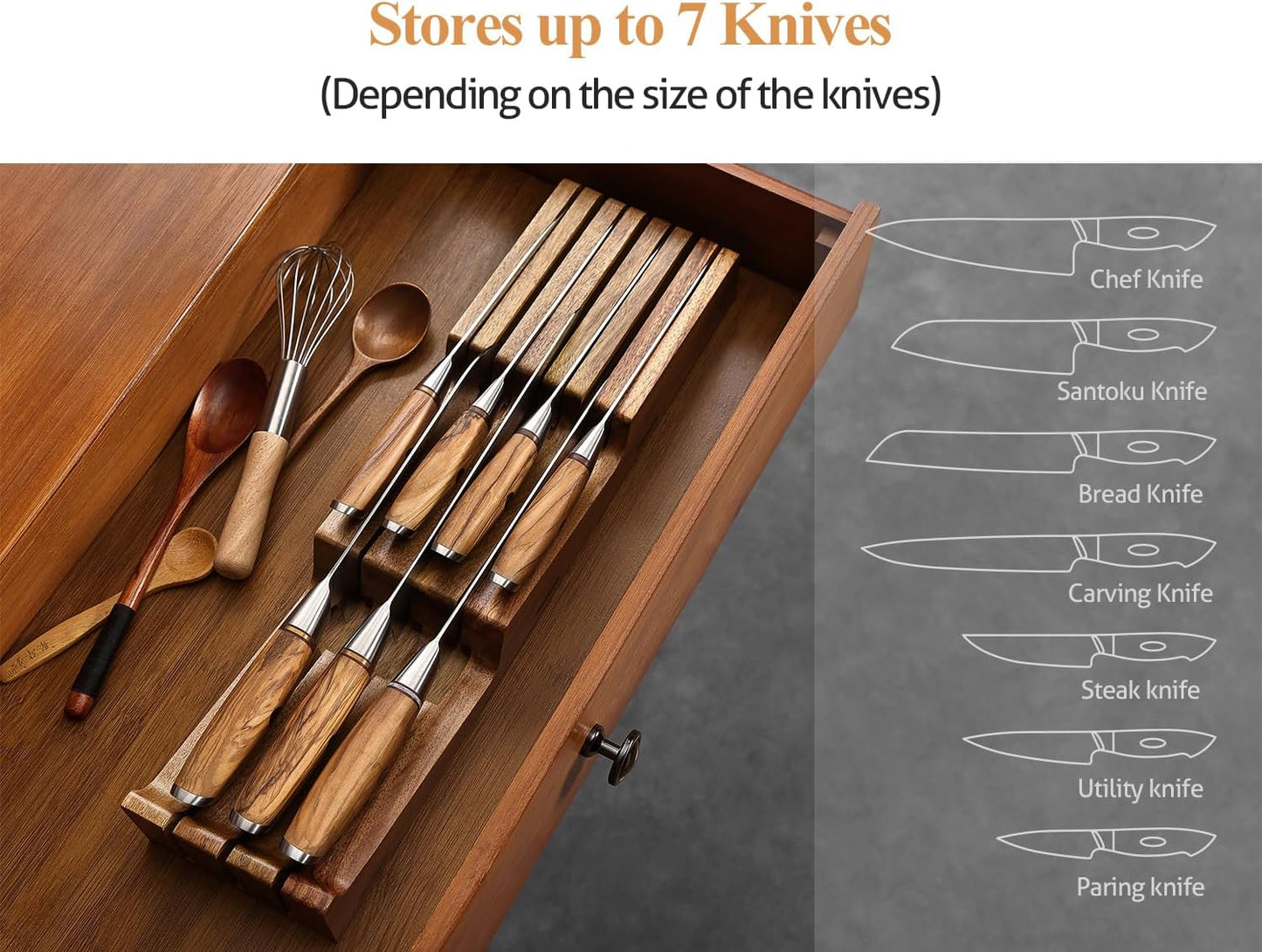 In-drawer Knife Block, Natural Acacia Knife Drawer Oganizer, Insert-Kitchen Storage Holder, 11 Slots, Holds up to 11 Various Size Knives, Countertop Saving&Knife Protective