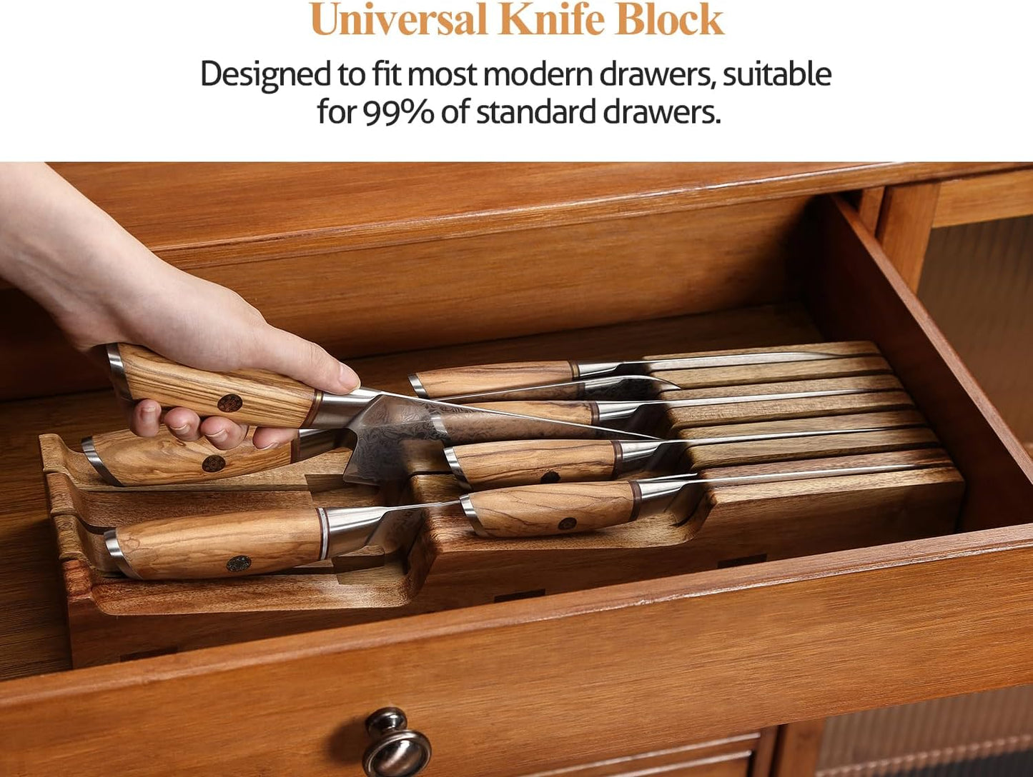 In-drawer Knife Block, Natural Acacia Knife Drawer Oganizer, Insert-Kitchen Storage Holder, 11 Slots, Holds up to 11 Various Size Knives, Countertop Saving&Knife Protective