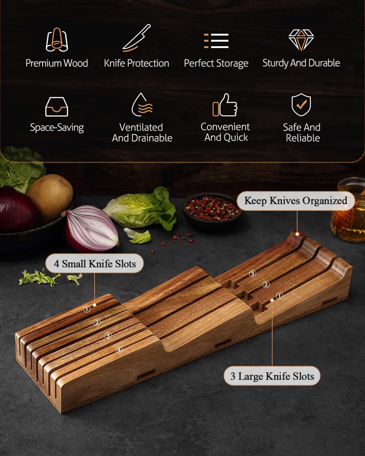 In-drawer Knife Block, Natural Acacia Knife Drawer Oganizer, Insert-Kitchen Storage Holder, 11 Slots, Holds up to 11 Various Size Knives, Countertop Saving&Knife Protective