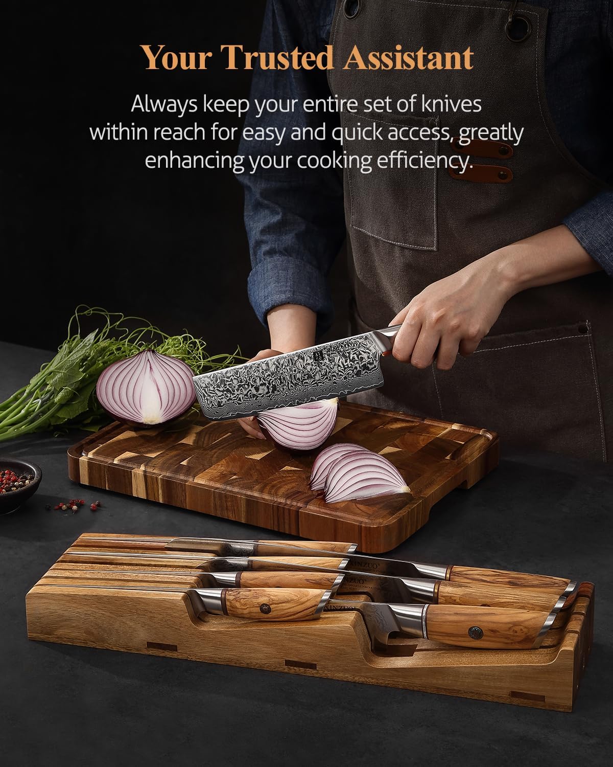 In-drawer Knife Block, Natural Acacia Knife Drawer Oganizer, Insert-Kitchen Storage Holder, 11 Slots, Holds up to 11 Various Size Knives, Countertop Saving&Knife Protective