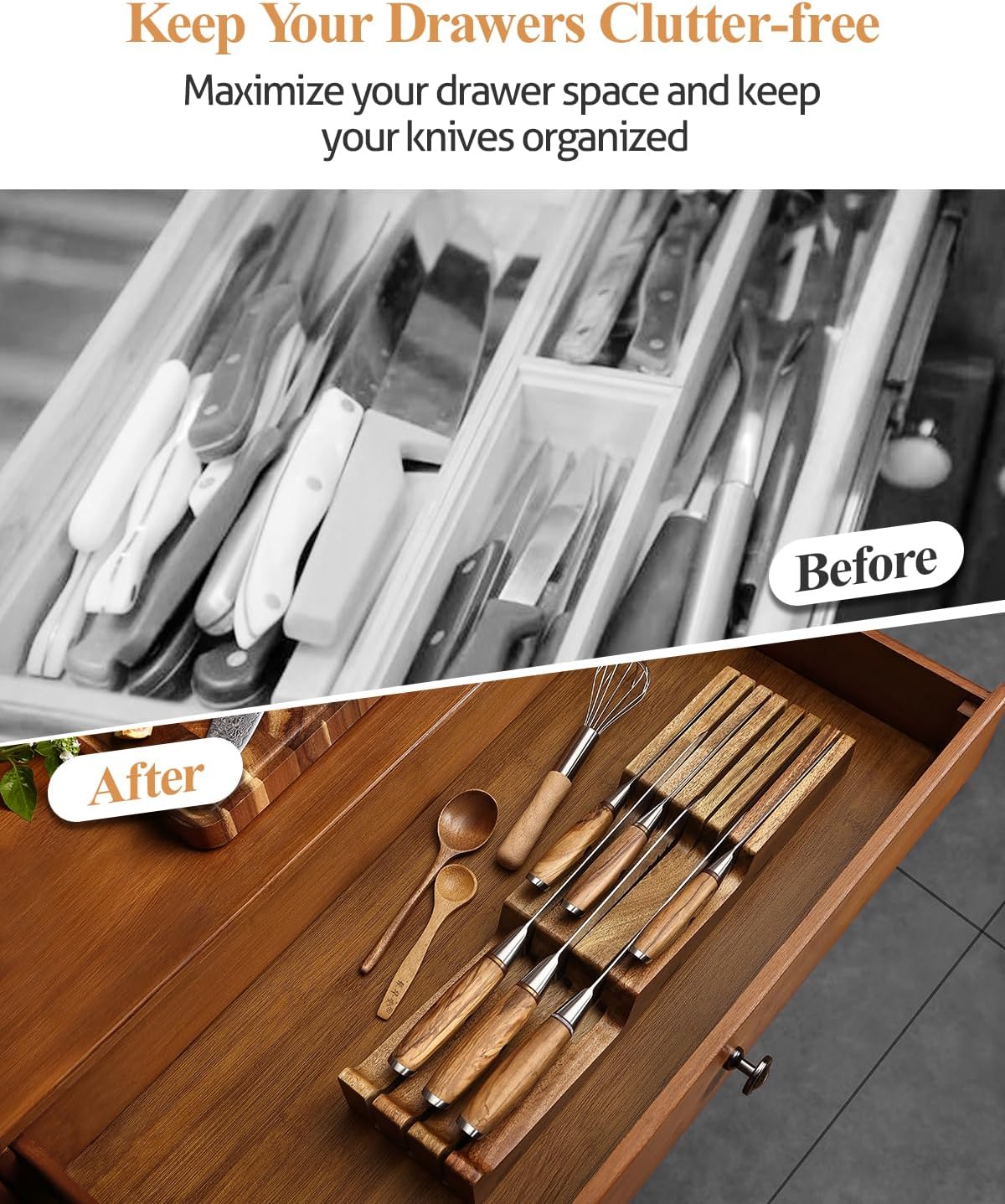 In-drawer Knife Block, Natural Acacia Knife Drawer Oganizer, Insert-Kitchen Storage Holder, 11 Slots, Holds up to 11 Various Size Knives, Countertop Saving&Knife Protective