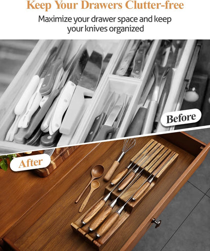 In-drawer Knife Block, Natural Acacia Knife Drawer Oganizer, Insert-Kitchen Storage Holder, 11 Slots, Holds up to 11 Various Size Knives, Countertop Saving&Knife Protective