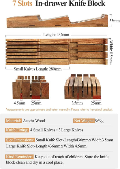 In-drawer Knife Block, Natural Acacia Knife Drawer Oganizer, Insert-Kitchen Storage Holder, 11 Slots, Holds up to 11 Various Size Knives, Countertop Saving&Knife Protective