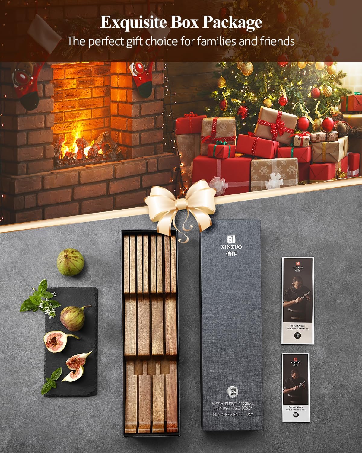 In-drawer Knife Block, Natural Acacia Knife Drawer Oganizer, Insert-Kitchen Storage Holder, 11 Slots, Holds up to 11 Various Size Knives, Countertop Saving&Knife Protective