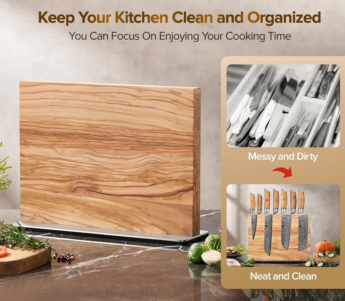 In-drawer Knife Block, Natural Acacia Knife Drawer Oganizer, Insert-Kitchen Storage Holder, 11 Slots, Holds up to 11 Various Size Knives, Countertop Saving&Knife Protective