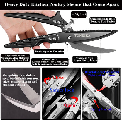 Heavy Duty Kitchen Scissors for Food, Poultry, Chicken, Bone Cutting - 10.2-Inch, Black