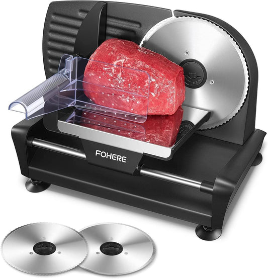 FOHERE Electric Meat Slicer 200W Deli Slicer for with Removable Two 7.5” Blades, 0-15mm Precision Thickness Adjustment Knob Cut Deli Food, Meat Ham Bread Fruit, Include Food Carriage, Black