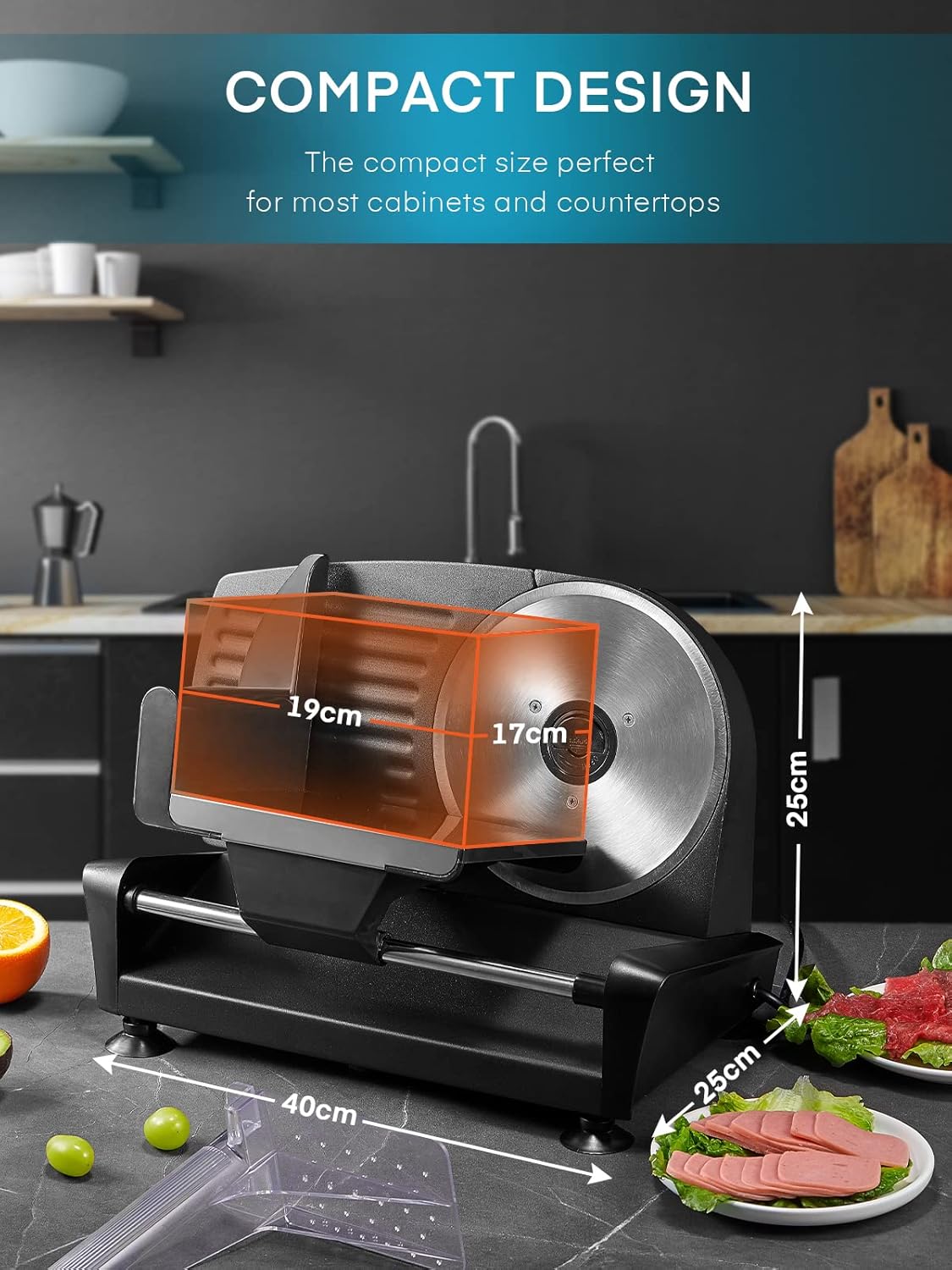 FOHERE Electric Meat Slicer 200W Deli Slicer for with Removable Two 7.5” Blades, 0-15mm Precision Thickness Adjustment Knob Cut Deli Food, Meat Ham Bread Fruit, Include Food Carriage, Black