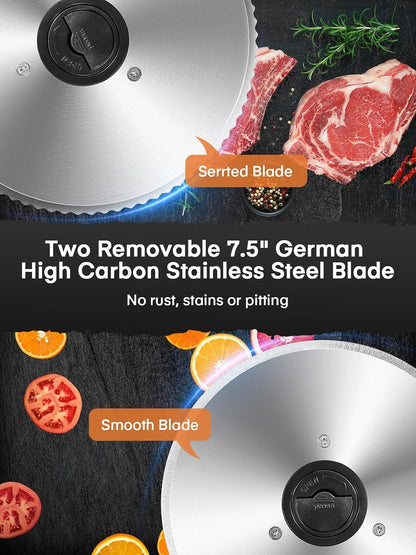 FOHERE Electric Meat Slicer 200W Deli Slicer for with Removable Two 7.5” Blades, 0-15mm Precision Thickness Adjustment Knob Cut Deli Food, Meat Ham Bread Fruit, Include Food Carriage, Black