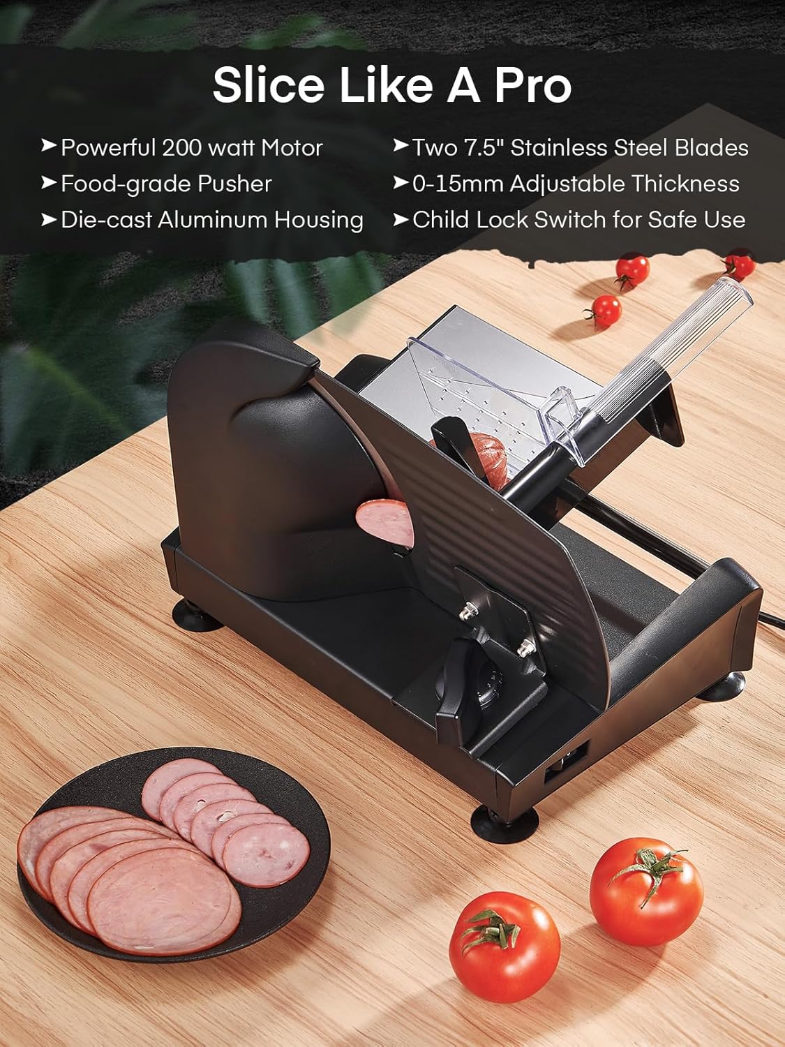 FOHERE Electric Meat Slicer 200W Deli Slicer for with Removable Two 7.5” Blades, 0-15mm Precision Thickness Adjustment Knob Cut Deli Food, Meat Ham Bread Fruit, Include Food Carriage, Black