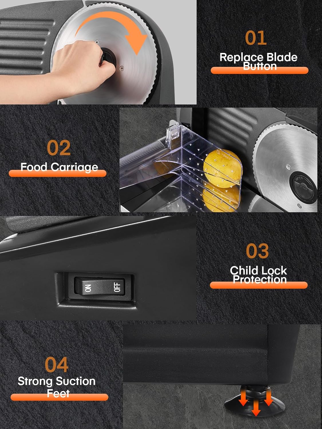 FOHERE Electric Meat Slicer 200W Deli Slicer for with Removable Two 7.5” Blades, 0-15mm Precision Thickness Adjustment Knob Cut Deli Food, Meat Ham Bread Fruit, Include Food Carriage, Black