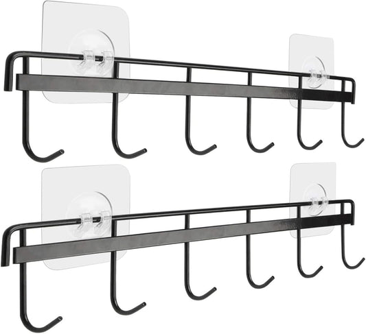 Adhesive Wall Hooks Rack Kitchen Rail, Space Saving Utensil Holder No Drilling Wall Mounted Accessory Hanger with 6 Hooks for Kitchen Bathroom Bedroom Pack of 2 (Black)
