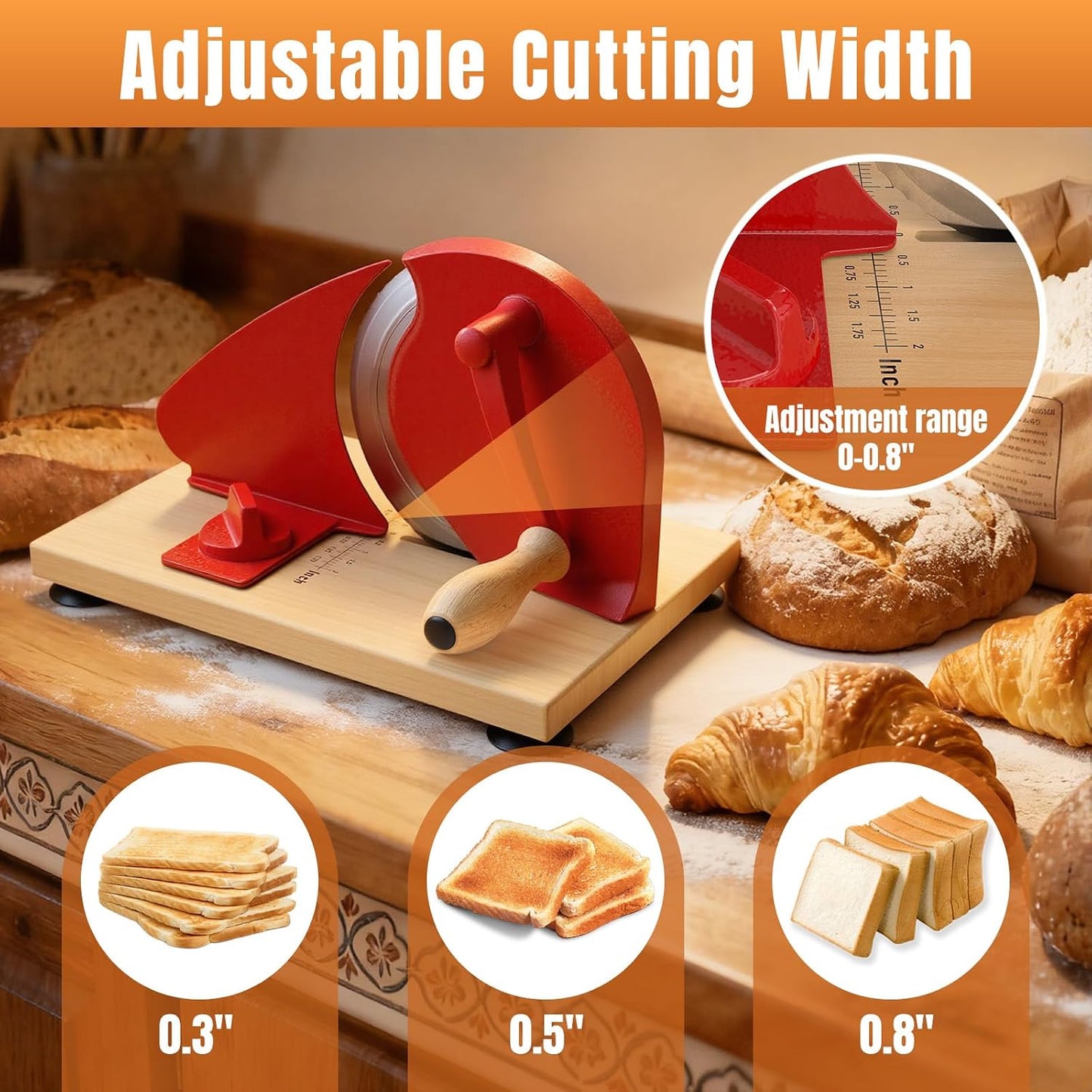Manual Bread Slicer for Homemade Bread, Sourdough Bread Slicer With Hand Crank, Scale Line and Suction Cup, Serrated Blade, Adjustable Thickness, Evenly Slicing