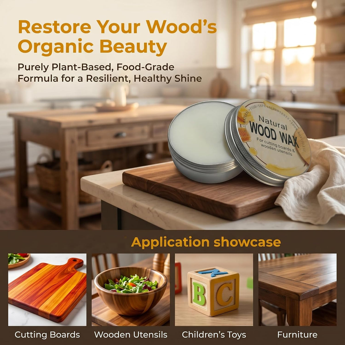 Natural Wood Wax For Cutting Boards, Butcher Blocks, Wooden Spoons and Bowls, 2.82 oz