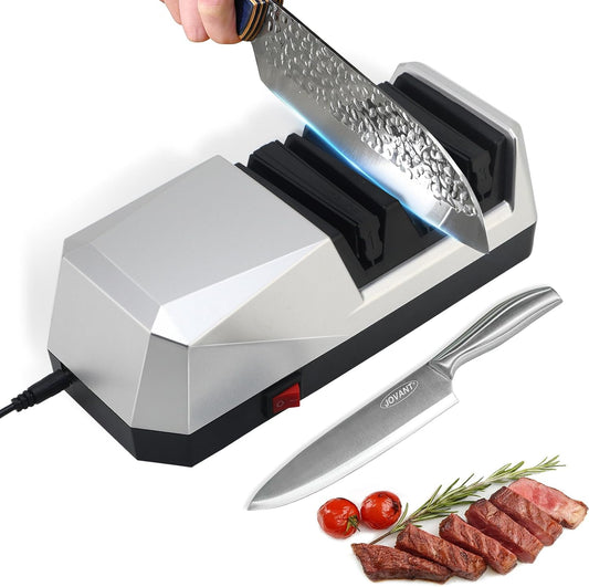 Electric Knife Sharpener with 3-step Sharpening System and Diamond Abrasives, Suitable for Most Metal and Ceramic Knives. The Knife Sharpener comes with the Angle Guide Function (ETJ004COMB)