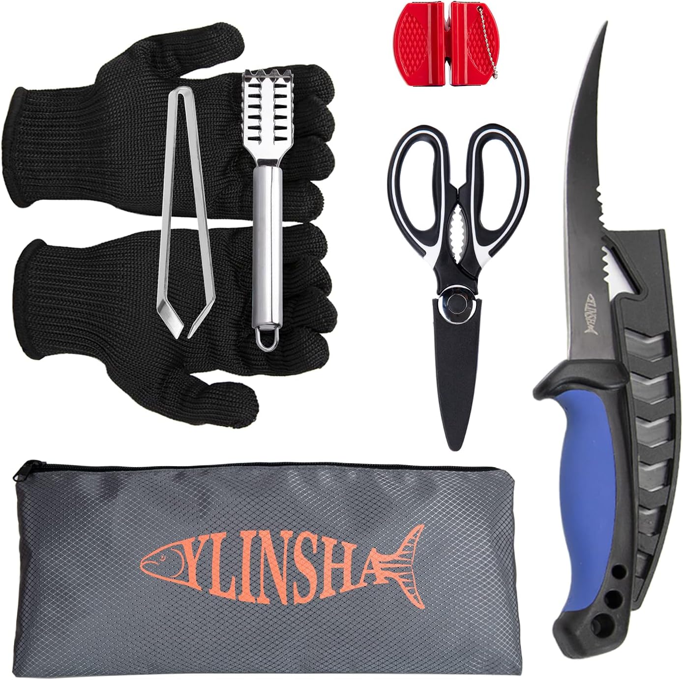 Fishing Knife, Fish Cleaning Kit 7 PC Set with Fish Knife, Fish Scale Cleaning Brush, Multi-Functional Scissors, Anti-Cutting Gloves, Fishbone Tweezers, Storage Bag
