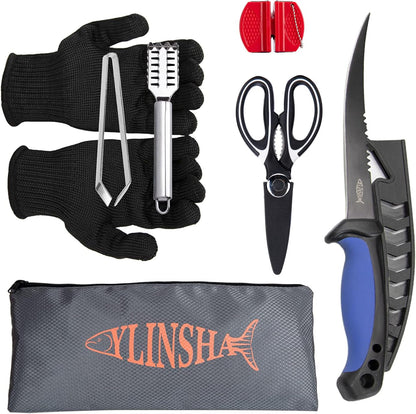 Fishing Knife, Fish Cleaning Kit 7 PC Set with Fish Knife, Fish Scale Cleaning Brush, Multi-Functional Scissors, Anti-Cutting Gloves, Fishbone Tweezers, Storage Bag