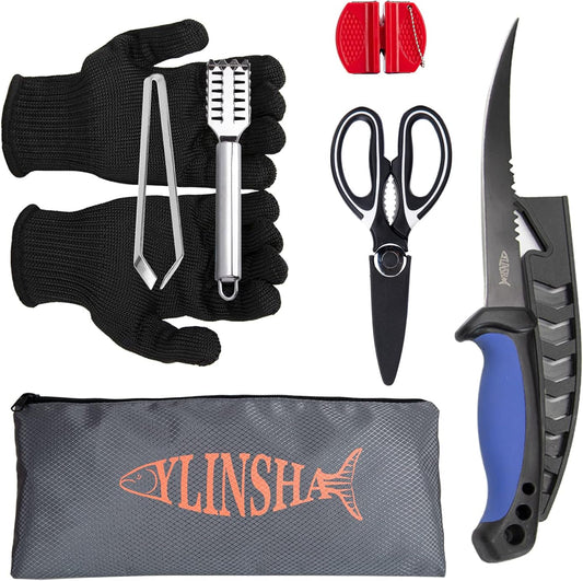 Fishing Knife, Fish Cleaning Kit 7 PC Set with Fish Knife, Fish Scale Cleaning Brush, Multi-Functional Scissors, Anti-Cutting Gloves, Fishbone Tweezers, Storage Bag
