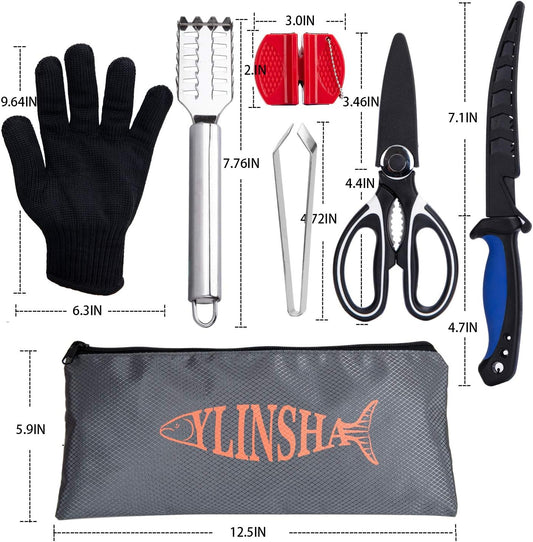 Fishing Knife, Fish Cleaning Kit 7 PC Set with Fish Knife, Fish Scale Cleaning Brush, Multi-Functional Scissors, Anti-Cutting Gloves, Fishbone Tweezers, Storage Bag