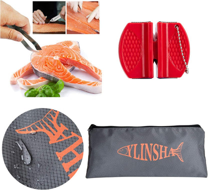 Fishing Knife, Fish Cleaning Kit 7 PC Set with Fish Knife, Fish Scale Cleaning Brush, Multi-Functional Scissors, Anti-Cutting Gloves, Fishbone Tweezers, Storage Bag