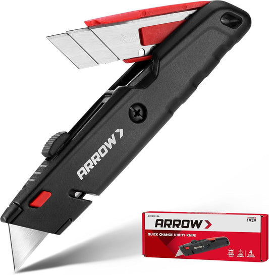 ARROW Retractable Box Cutter, Quick Change Utility Knife with 3 Blades | Aluminum Body, Blade Storage Design, Twine Cutter, SK2 Blades, Heavy Duty Construction, Package Opening, DIY, Warehouse Use