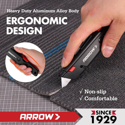 ARROW Retractable Box Cutter, Quick Change Utility Knife with 3 Blades | Aluminum Body, Blade Storage Design, Twine Cutter, SK2 Blades, Heavy Duty Construction, Package Opening, DIY, Warehouse Use