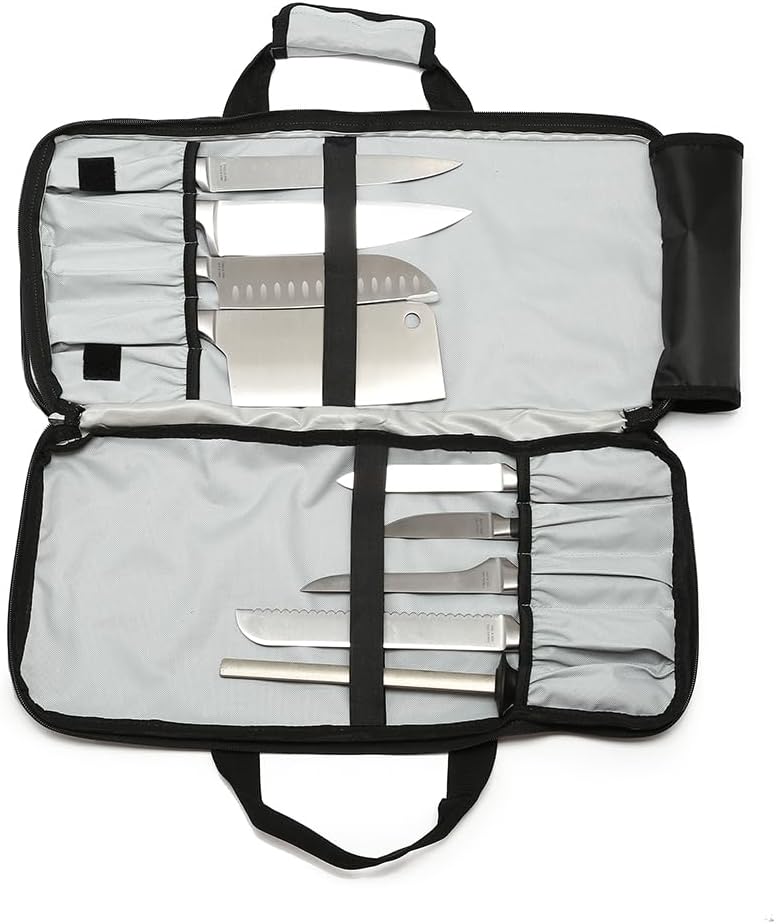 4 Pocket - Gray - Chef Knife Bag Holds 20 Knives 4 Storage Compartments,Professional Culinary Case with Shoulder Strap, Black, Laptop/Tablet Padded Slot - Knives Not Included