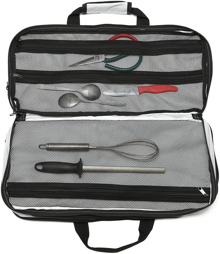4 Pocket - Gray - Chef Knife Bag Holds 20 Knives 4 Storage Compartments,Professional Culinary Case with Shoulder Strap, Black, Laptop/Tablet Padded Slot - Knives Not Included