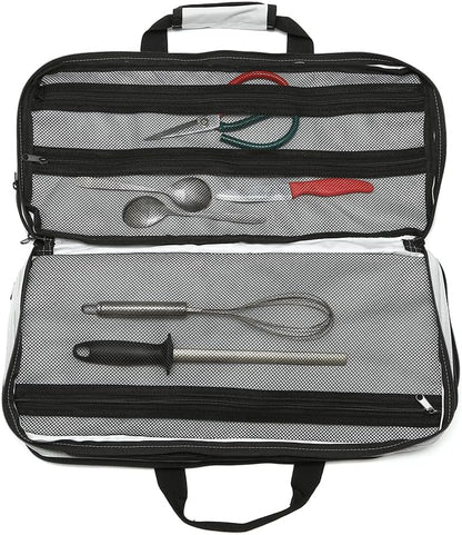 4 Pocket - Gray - Chef Knife Bag Holds 20 Knives 4 Storage Compartments,Professional Culinary Case with Shoulder Strap, Black, Laptop/Tablet Padded Slot - Knives Not Included