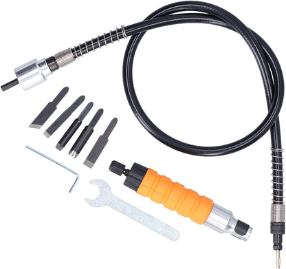 Electric Carving Chisel Tool Woodworking Set with 5 Knives and Flexible Rubber Shaft for Drills and Grinders