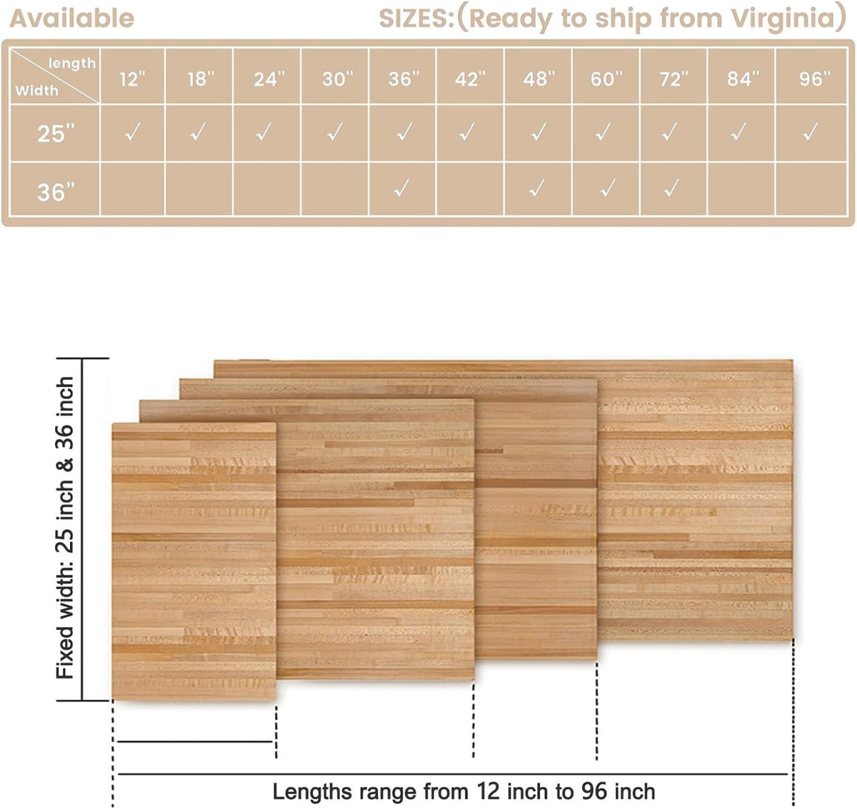 Butcher Block Countertop, 60 x 25 Inches, USA Grown Solid Hard Maple Hardwood, for Kitchen Island, Laundry Room, RV, Camper, Office Desk, Bar Table, Prefinished with Food-Safe Oil, 1.5" Thick
