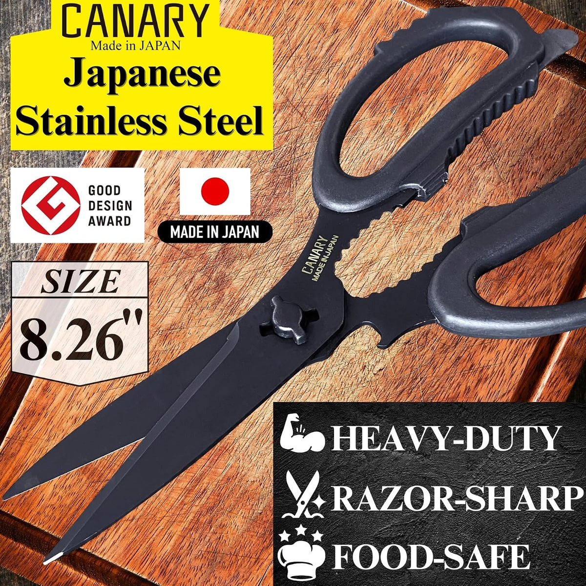 Japanese Kitchen Scissors Heavy Duty 8.2", Made in JAPAN, Dishwasher Safe Come Apart Blade, Multipurpose Kitchen Scissors, Sharp Serrated Japanese Stainless Steel, Black