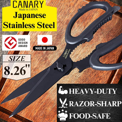 Japanese Kitchen Scissors Heavy Duty 8.2", Made in JAPAN, Dishwasher Safe Come Apart Blade, Multipurpose Kitchen Scissors, Sharp Serrated Japanese Stainless Steel, Black