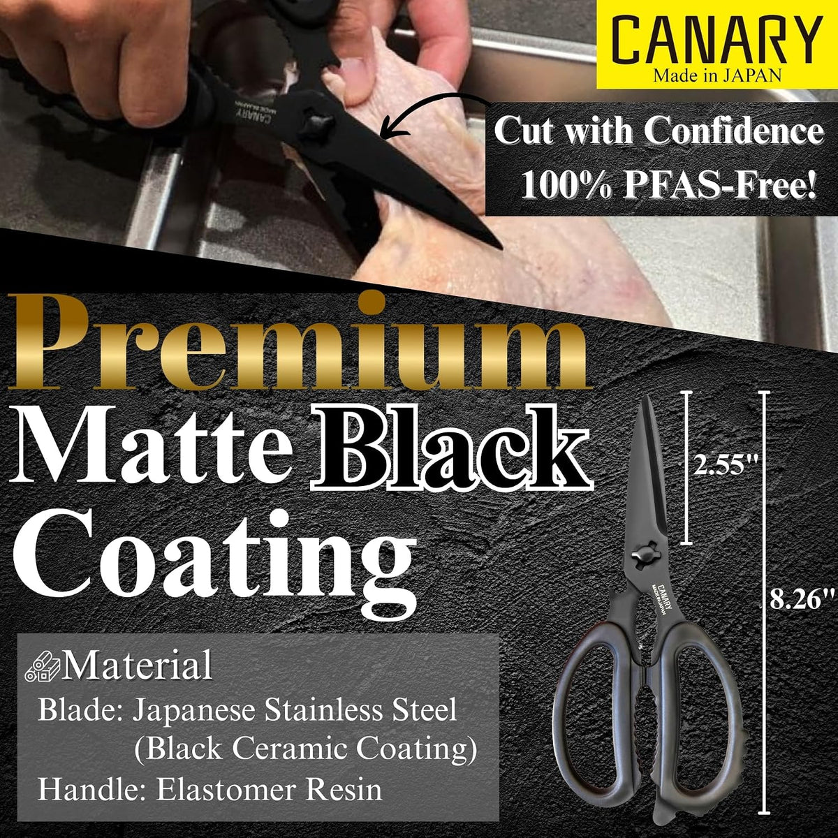 Japanese Kitchen Scissors Heavy Duty 8.2", Made in JAPAN, Dishwasher Safe Come Apart Blade, Multipurpose Kitchen Scissors, Sharp Serrated Japanese Stainless Steel, Black